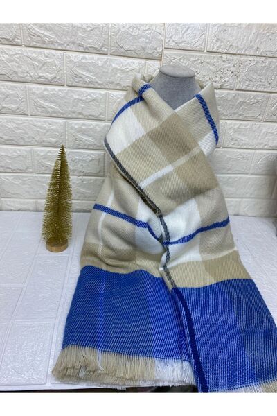 sema aksesuar Cadou de Anul Nou de Anul Nou Şal în carouri de nurcă albastră - Şal de umăr cu ciucuri largi