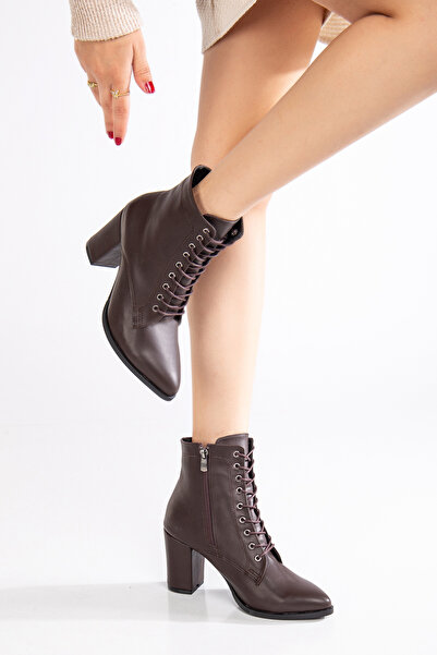 LİLLA Kadın Bağcıklı Yüksek Topuklu Bot Kahverengi