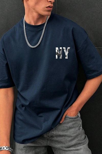 NO 601 Tricou oversize cu imprimeu Ny Broklyn, albastru bleumarin închis pentru bărbați