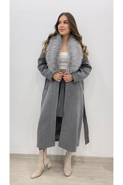 MODA Women's Gray Fur Detailed Long Bushed Coat