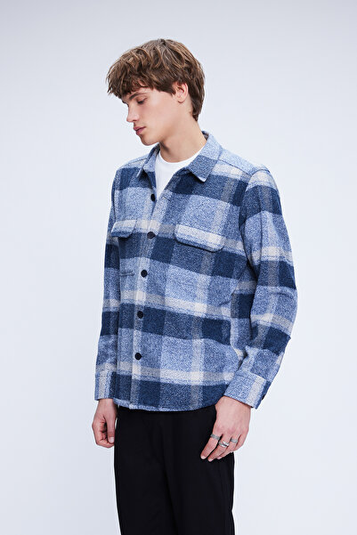 Hatemoğlu Blue Shacket Comfort Fit Long Sleeve Cotton Checkered Shirt