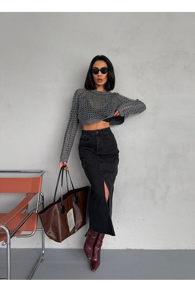 Zeo Basic FUSTA DENIM AFUMAT CU BLOC DE MARFĂ ȘI BUMBAC