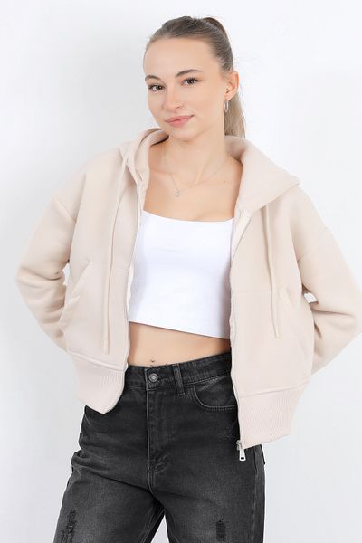 GİYSA Women's Full Zipper Hooded Pocket Short Oversize Sweatshirt Stone - 2503