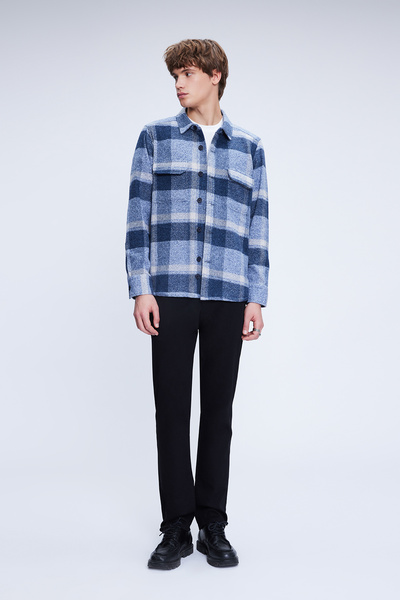 Hatemoğlu Blue Shacket Comfort Fit Long Sleeve Cotton Checkered Shirt