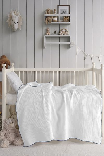 Evim Organic Cotton 4 Layer Muslin Baby Blanket White Blue 120X120 cm