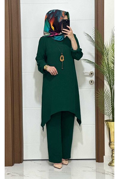 modasura Emerald 3310 K70 Aerobin Fabric Tunic and Trousers Set - New Season with Necklace, Large Size