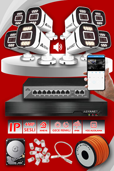 asyanet 8'li Güvenlik IP Kamera Seti - Gece Renkli Görüşlü - 4MP Dış Mekan Kamera, 3.6mm Lens, H.265, PoE