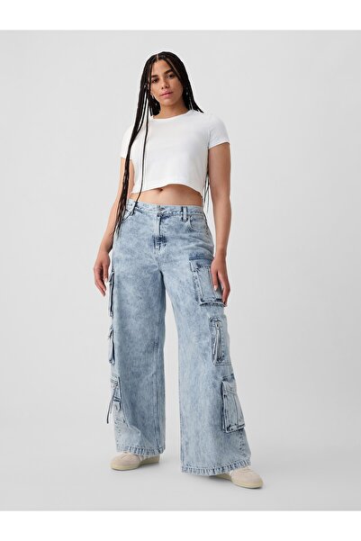 GAP Kadın Mavi Mid Rise Kargo Baggy Jean Pantolon