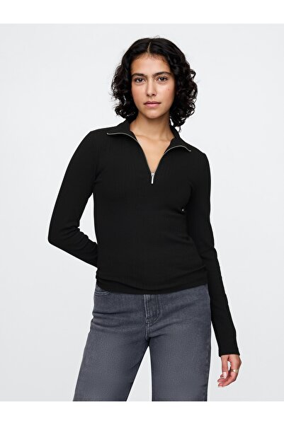 GAP Kadın Siyah Modern Fitilli Yarım Fermuarlı T-Shirt