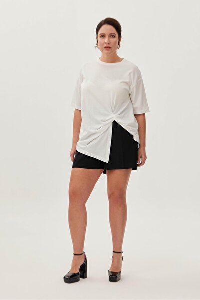 LUOKK HARDY Bisiklet Yaka Pamuklu Düğüm Detaylı Büyük Beden T-shirt Ekru