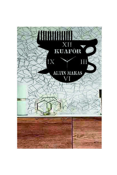 hediyelikevi Kuaför Tarak Makas Temalı Dekoratif Ahşap Duvar Saati