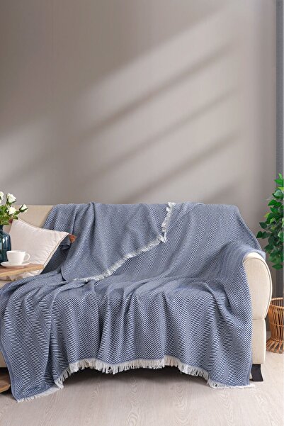 Terry Home Carden Organik Pamuklu Koltuk Örtüsü Desenli 200x230 Cm Kanepe Çekyat Buldan Bezi Lacivert