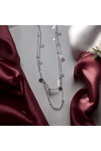feyza collection Çift Zincir Daire Sallantılı Çelik Kolye