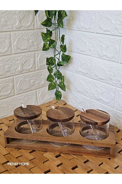 MEHAY HOME 3-Piece Borosilicate Acacia - Glass Spice Rack Round