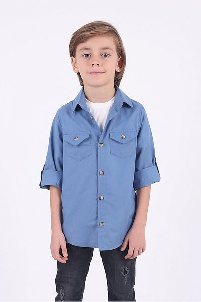 Pollito Tricou cămașă albastră din bumbac cu 2 buzunare pentru băieți Seturi de 2 piese