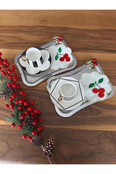 Panoramas Home 2 Adet Kiraz Detaylı 60 Mikron Lüks Üst Kalite Kararmaz Solmaz Metal Kahve Sunum Kokteyl Tepsi