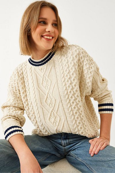 Bianco Lucci Women's Collar Striped Hair Braided Knitwear Sweater 20246929