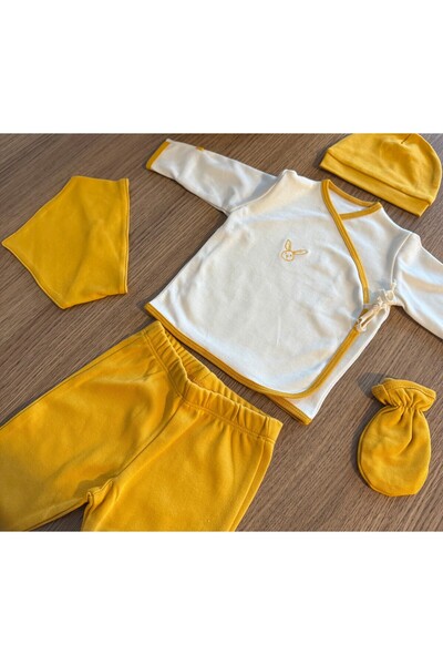 Calico Sarı & Beyaz Renkli Organik Yenidoğan Bebek Seti (5 PARÇALI)