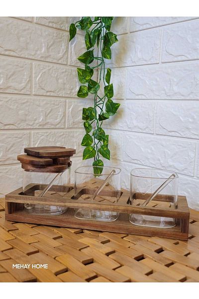 MEHAY HOME 3-Piece Borosilicate Square - Acacia, Glass and Spice Holder