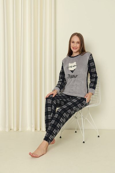 shopshop Women's Gray Meow Cat Printed Winter Wellsoft Fabric Fleece Plush Pajamas Set