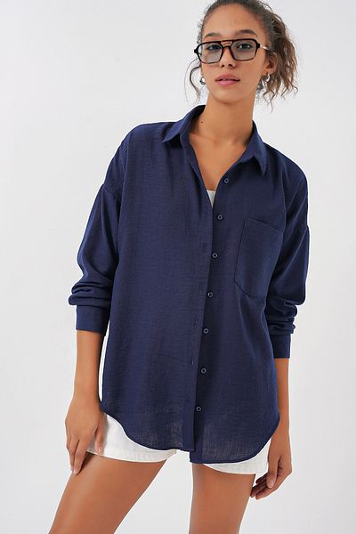 Bigdart 20153 Single Pocket Oversize Linen Shirt - F.Navy Blue