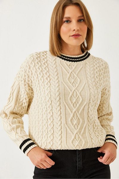 Bianco Lucci Women's Collar Striped Hair Braided Knitwear Sweater 20246929