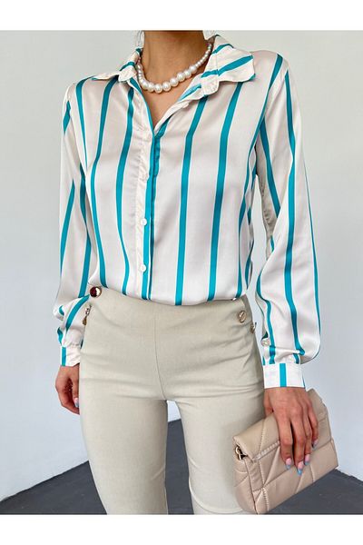 Modamorfo Long Back Satin Shirt with Buttons -Turquoise