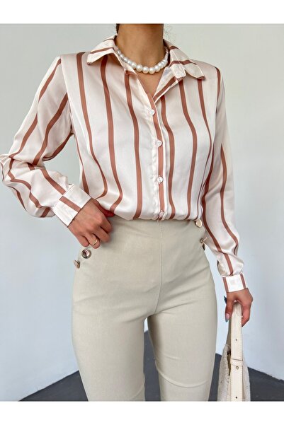 Modamorfo Saténová košile s dlouhým zadním dílem a knoflíky - hnědá