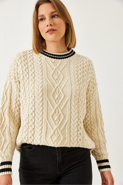 Bianco Lucci Women's Collar Striped Hair Braided Knitwear Sweater 20246929