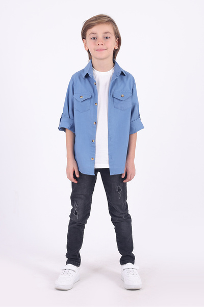 Pollito Tricou cămașă albastră din bumbac cu 2 buzunare pentru băieți Seturi de 2 piese