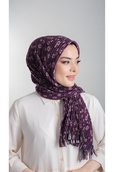 HÜRREM BONE Plum Practical Ready-Made Hijab Κασκόλ με κομμένες ίνες Πλισέ με λουλουδάτο μοτίβο 1818d7_07