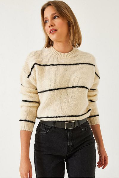 Bianco Lucci Women's Crew Neck Striped Knitwear Sweater 20247533