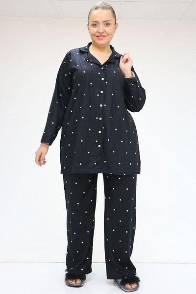 Eslina 47811 Large Size Micro Suede Pajamas Set - Black with Starry Front Buttons