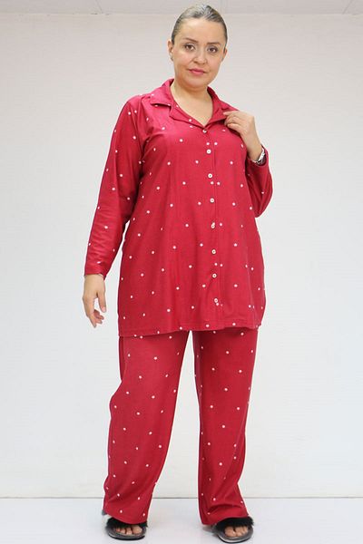 Eslina 47811 Large Size Front Button Micro Suede Pajama Set - Burgundy