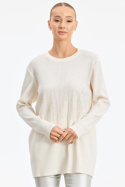 Tığ Triko Μπροστινή πέτρα με στάμπα Rayon Tunic VANILLA