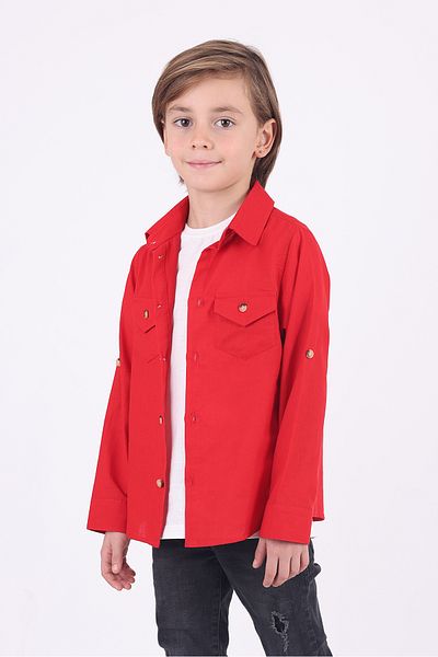 Pollito Boy's 2-Pocket Cotton Red Shirt T-Shirt Set