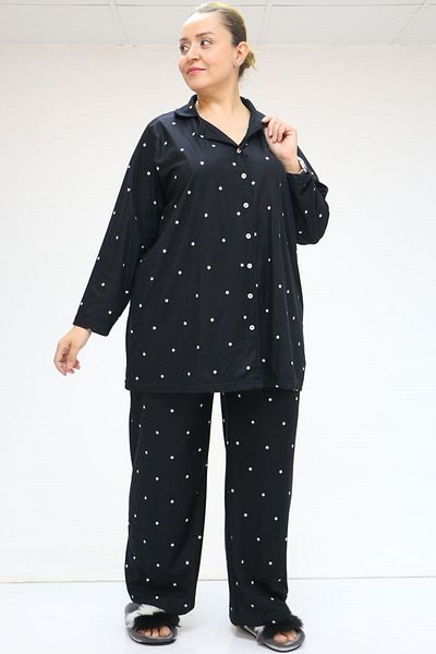 Eslina 47811 Large Size Micro Suede Pajamas Set - Black with Starry Front Buttons