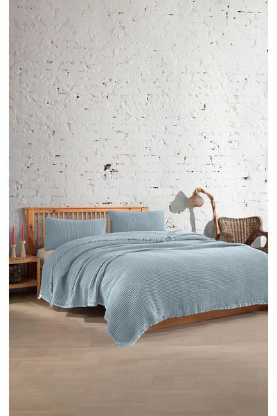 destinyhometex Cuvertură de pat de o persoană din bumbac cu model Waffle - Pernă 160x240cm/50x70cm
