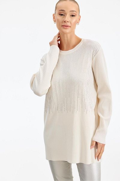 Tığ Triko Μπροστινή πέτρα με στάμπα Rayon Tunic VANILLA