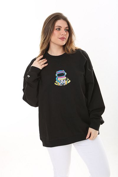 Şans Women's Large Size Black Cotton Fabric Embroidered Sweatshirt 65N37617