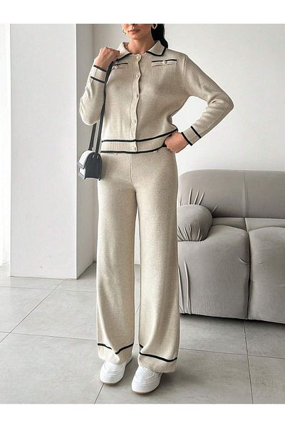 Shineofb Polo Collar Pearl Button Detailed Knitwear Cardigan and Pants Set