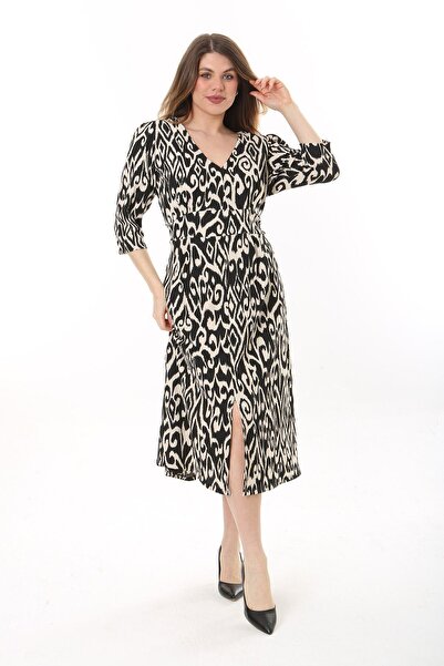 Şans Women's Large Size Black V-neck Wrapped Fabric Capri Sleeve Dress 65N37622