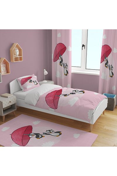 EVSEHOMES Flying Pinguins Suit (Fon Curtain 70X260 Two Wings - Bed Cover and Pillow - Rubber Size Choose)