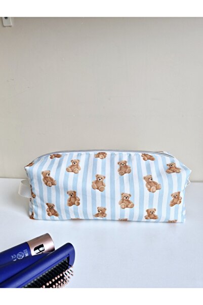 Ayıcık Desenli mavi-Pembe Dyson ve Tüm Saç Şekillendirici Çantası-Büyük Makyaj Çantası- Xl Boy