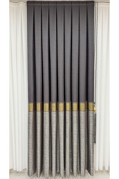 Fon Dünyası Anthracite Gray Single Wing Board Background Curtain with Gold Stripe