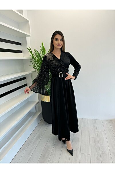White Corner 2364 TÜL DETAYLI KADİFE ELBİSE