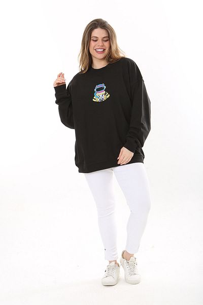Şans Women's Large Size Black Cotton Fabric Embroidered Sweatshirt 65N37617
