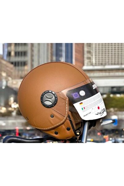 Sway 701 Deri Kaplı Yarı Camlı Elektrikli Bisiklet Motosiklet Scooter Kaskı L Beden Kahve