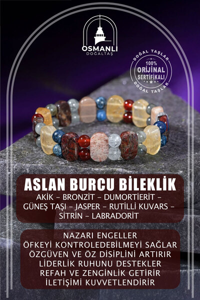 OSMANLI DOĞAL TAŞ Aslan Burcu Bileklik Bronzit, Dumortierit, Güneş Taşı, Jasper, Kırmızı Akik, Labradorit, Rutilli Kuv