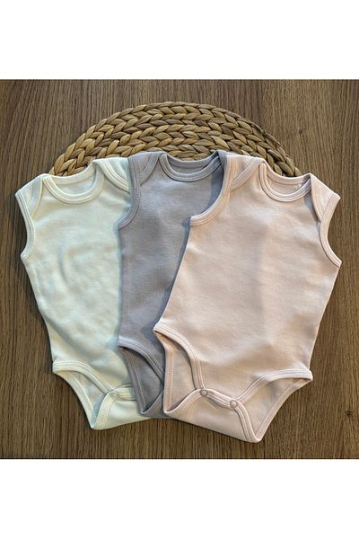 Calico Powder Pink & Ecru & Gray Sleeveless Organic 3-Piece Bodysuit / Bodysuit Set